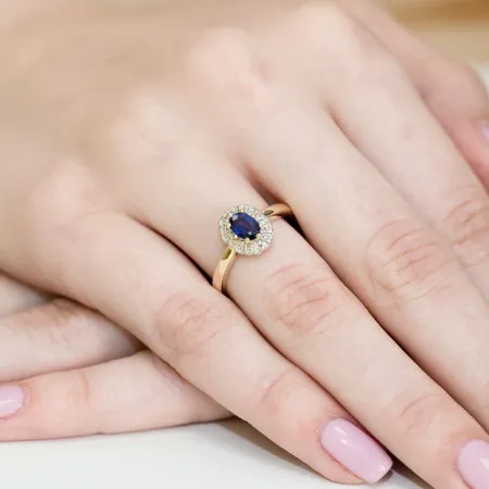 Złoty Zaręczynowy 585 Pierścionek Szafir Diamenty