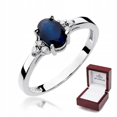 Pierścionek 585 Białe Złoto Szafir Diamenty Grawer