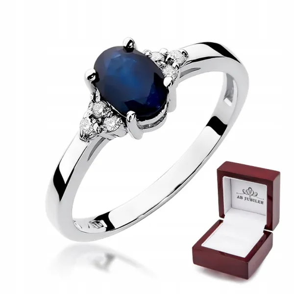 Pierścionek 585 Białe Złoto Szafir Diamenty Grawer