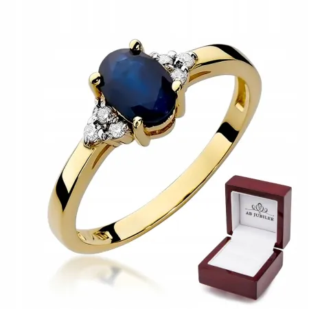 Złoty 585 Pierścionek Zaręczynowy Szafir Diamenty