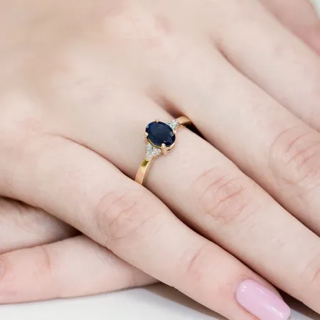 Złoty 585 Pierścionek Zaręczynowy Szafir Diamenty