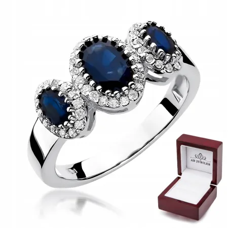 Pierścionek Białe Złoto 585 Szafir Diamenty Grawer