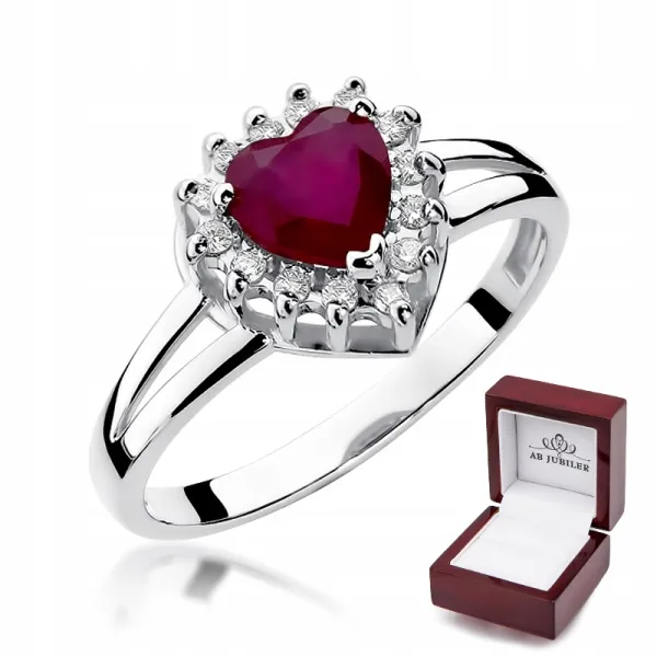 Pierścionek Rubin 1,10ct Brylant Serce Białe Złoto