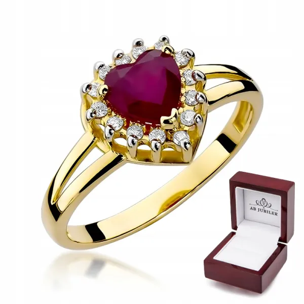 Złoty 585 Pierścionek Rubin Brylanty Serce Grawer