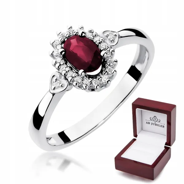 Pierścionek 585 Rubin Brylanty Białe Złoto Grawer