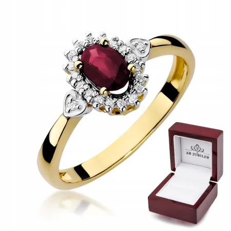 Złoty 585 Pierścionek Zaręczynowy Rubin Diamenty