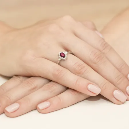 Złoty 585 Pierścionek Zaręczynowy Rubin Diamenty