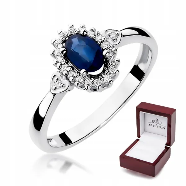 Pierścionek 585 Białe Złoto Szafir Diamenty Grawer