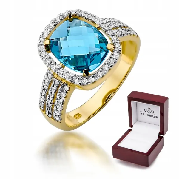 Złoty 585 Pierścionek Topaz 3,00ct Brylanty Grawer