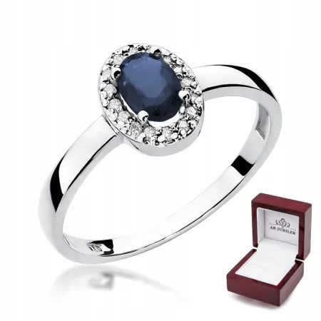Pierścionek 585 Białe Złoto Szafir Diament Grawer 