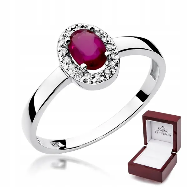 Pierścionek Białe Złoto 585 Rubin Diamenty Grawer