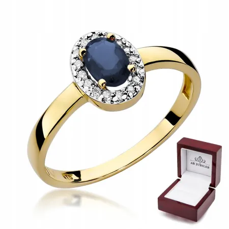 Złoty Zaręczynowy 585 Pierścionek Szafir Diamenty