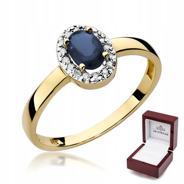 Złoty Zaręczynowy 585 Pierścionek Szafir Diamenty