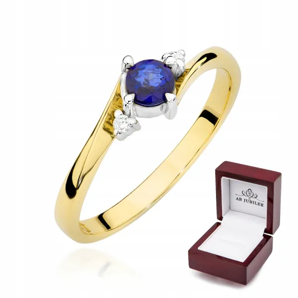 Złoty 585 Pierścionek Zaręczynowy Szafir Diamenty