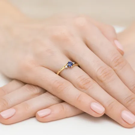 Złoty 585 Pierścionek Zaręczynowy Szafir Diamenty