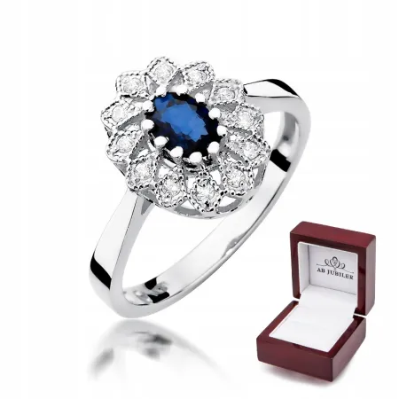 Pierścionek 585 Białe Złoto Szafir Diamenty Grawer
