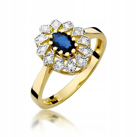 Pierścionek 585 Białe Złoto Szafir Diamenty Grawer