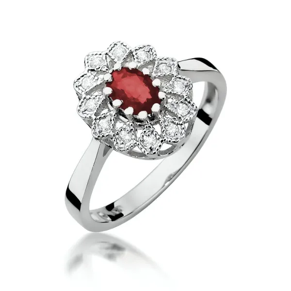 Pierścionek 14K Rubin Diamenty Białe Złoto Grawer