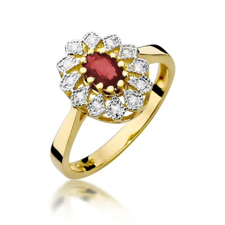 Pierścionek 14K Rubin Diamenty Białe Złoto Grawer