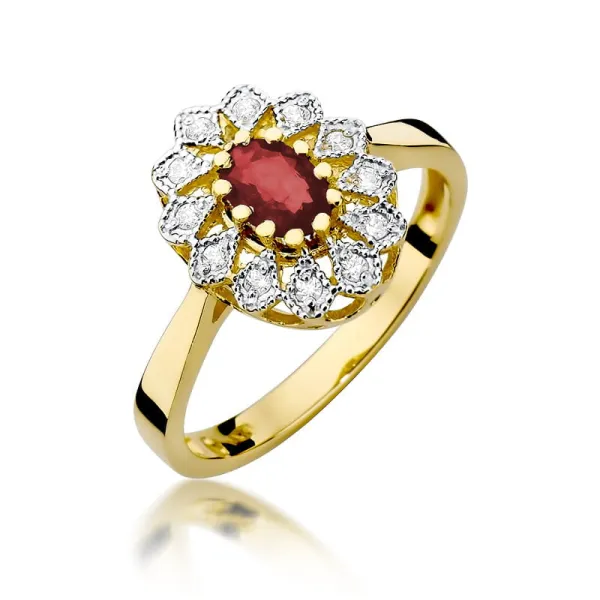 Złoty Pierścionek Rubin Diamenty Grawer Próba 585