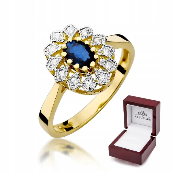 Złoty 14K Pierścionek Szafir Diamenty na Prezent