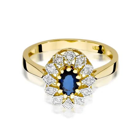 Złoty 14K Pierścionek Szafir Diamenty na Prezent