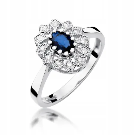 Złoty 14K Pierścionek Szafir Diamenty na Prezent