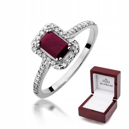 Pierścionek 585 Rubin Diamenty Białe Złoto Prezent