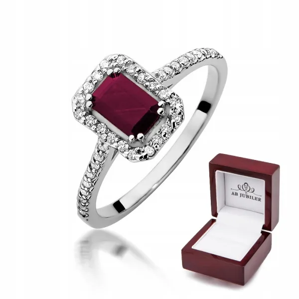 Pierścionek 585 Rubin Diamenty Białe Złoto Prezent
