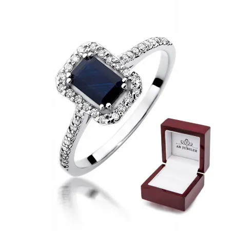 Pierścionek Białe Złoto 585 Szafir Diament Prezent