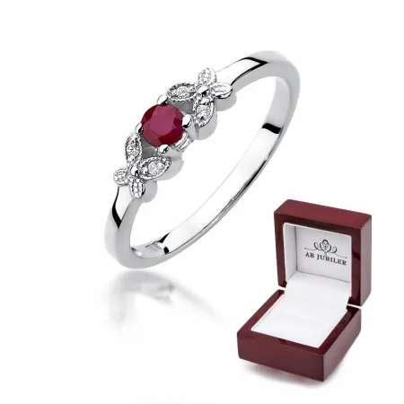 Pierścionek 585 Białe Złoto Rubin Diamenty Grawer