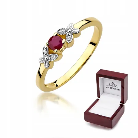 Złoty 585 Pierścionek Zaręczynowy Rubin Diamenty