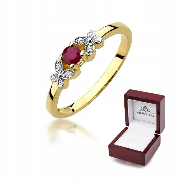 Złoty 585 Pierścionek Zaręczynowy Rubin Diamenty