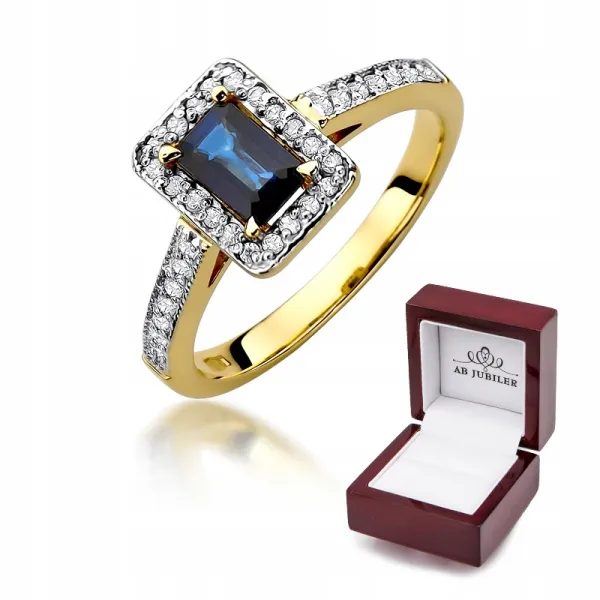 Złoty 585 Pierścionek Zaręczynowy Szafir Diamenty