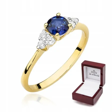 Złoty 585 Pierścionek Zaręczynowy Szafir Diamenty