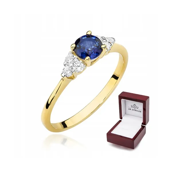 Złoty 585 Pierścionek Zaręczynowy Szafir Diamenty
