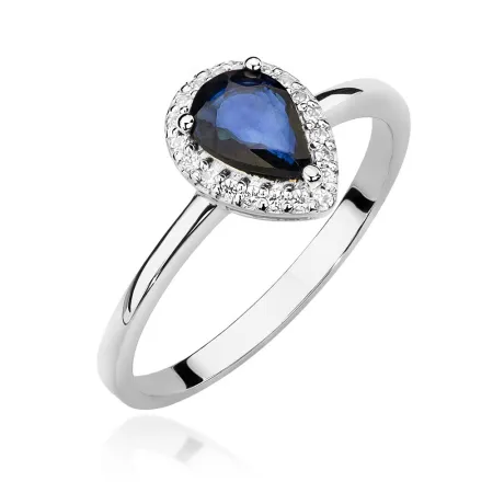 Pierścionek 585 Białe Złoto Szafir Diament Prezent