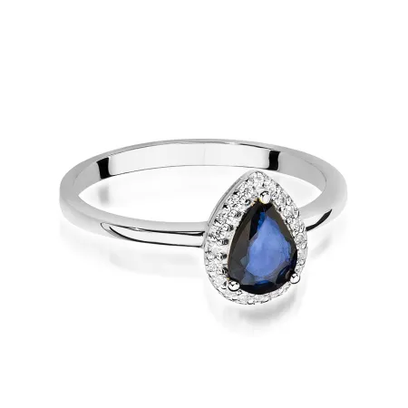 Pierścionek 585 Białe Złoto Szafir Diament Prezent