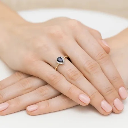 Złoty 585 Pierścionek Zaręczynowy Szafir Diamenty