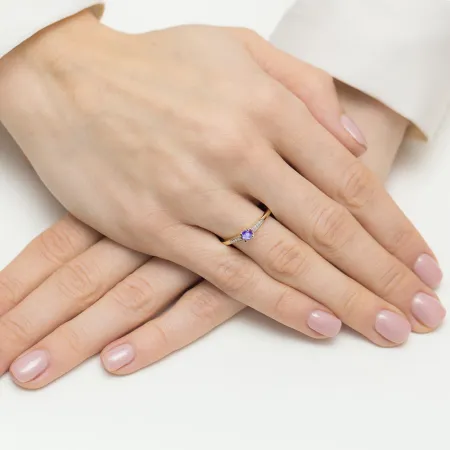 Złoty 585 Zaręczynowy Pierścionek Tanzanit Brylant