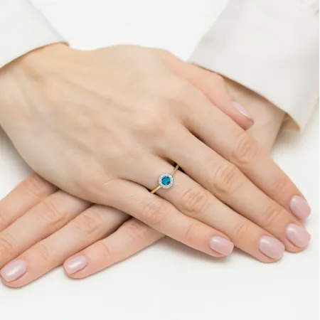 Złoty 585 Pierścionek Zaręczynowy Topaz Brylanty 