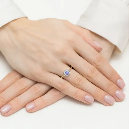 Złoty 585 Pierścionek Zaręczyny Tanzanit Brylanty 