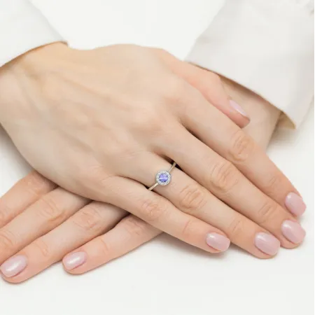 Złoty 585 Pierścionek Zaręczyny Tanzanit Brylanty 