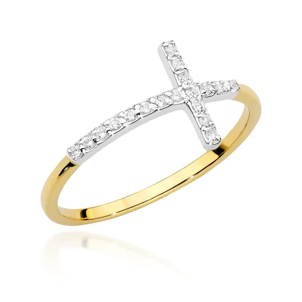 Złoty 585 Pierścionek z Krzyżykiem i Brylantami 