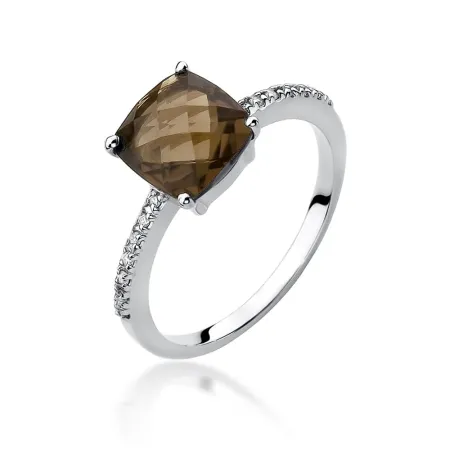 Złoty 585 Pierścionek Kwarc Dymny 2,00ct Brylanty