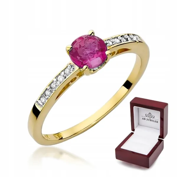 Złoty 585 Pierścionek Zaręczynowy Rubin Diamenty