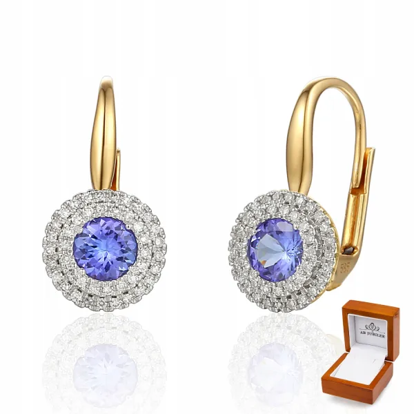 ZŁOTE 585 KOLCZYKI TANZANIT I DIAMENTY NA PREZENT