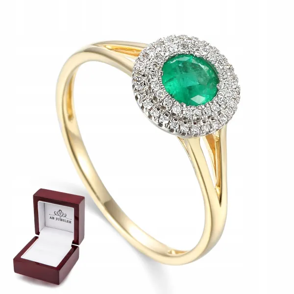 PIERŚCIONEK 585 ZŁOTY SZMARAGD DIAMENTY GRAWER