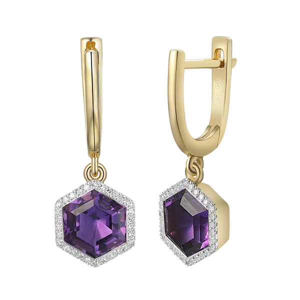 Złote 585 Kolczyki z Ametystem i Brylantami 