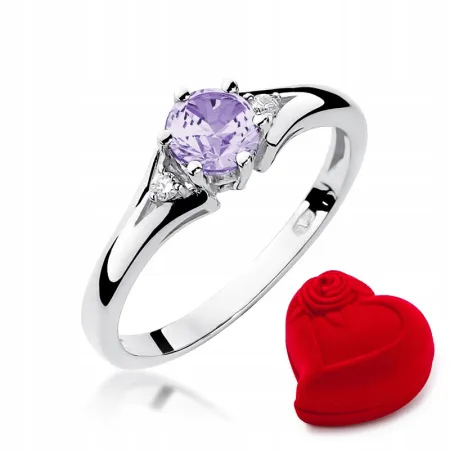 Pierścionek 585 Zaręczynowy Ametyst Białe Złoto